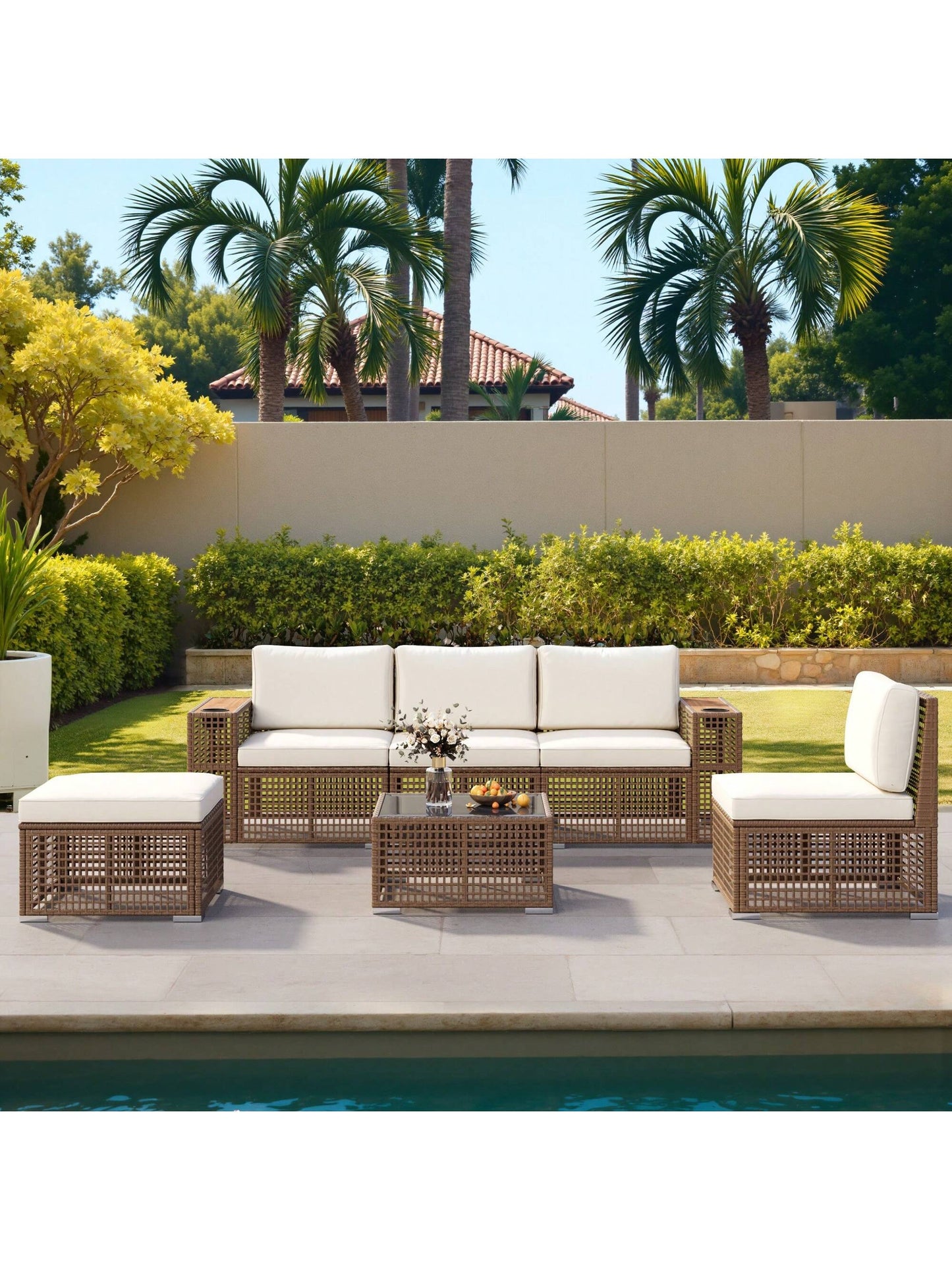 Patio Furniture Set 6-Piece Outdoor Sectional Sofa Hollow Rattan Patio Seating Sofa with Coffee Table & Ottoman for Deck, Porch, Poolside