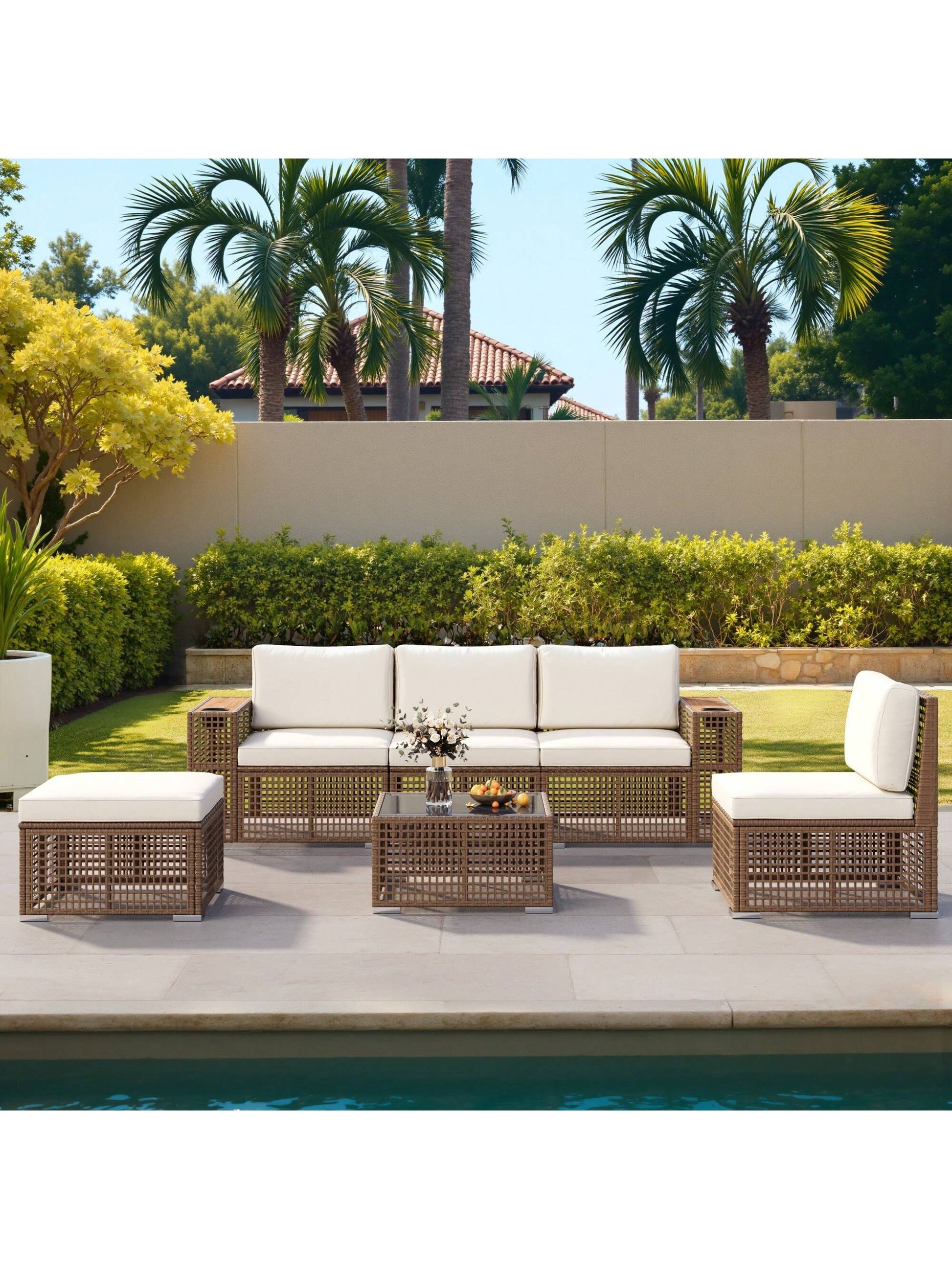 Patio Furniture Set 6-Piece Outdoor Sectional Sofa Hollow Rattan Patio Seating Sofa with Coffee Table & Ottoman for Deck, Porch, Poolside