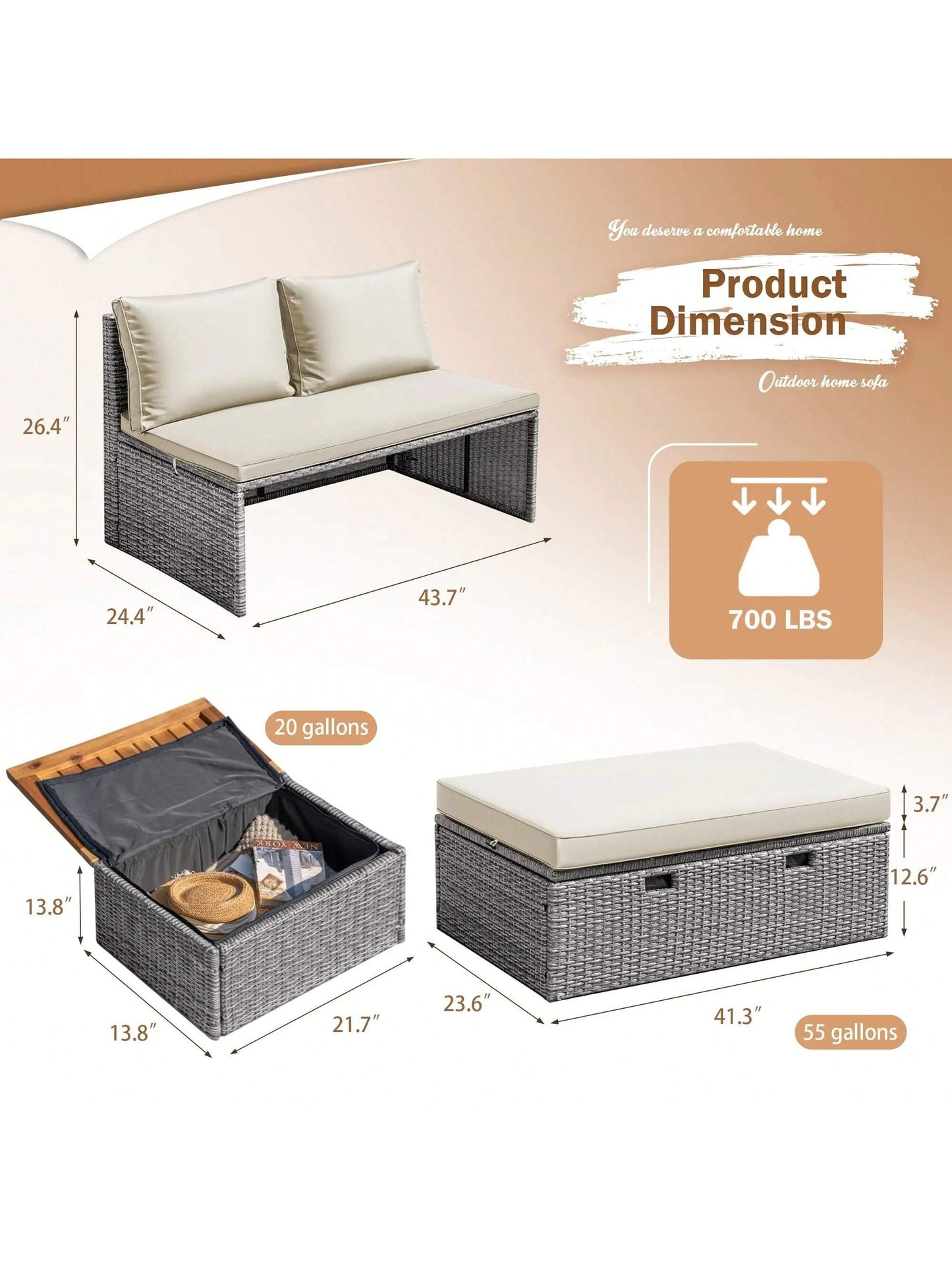 Outdoor Rattan Lounge Chair with 2 Side Tables, Multifunctional Outdoor Patio Daybed with Footrest, Cushions, Storage Ottoman,Chaise Lounge Chair for Backyard Porch Poolside