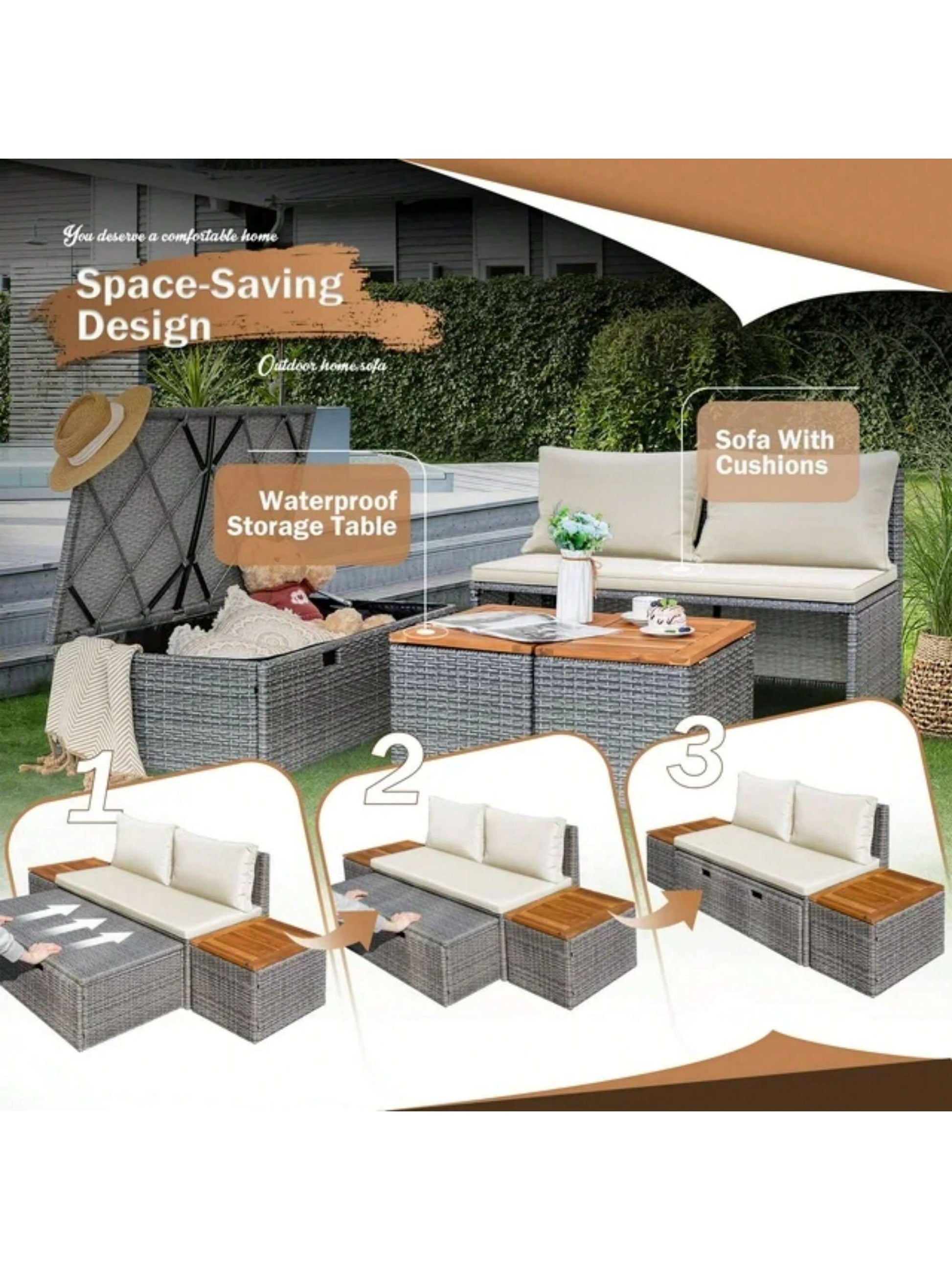 Outdoor Rattan Lounge Chair with 2 Side Tables, Multifunctional Outdoor Patio Daybed with Footrest, Cushions, Storage Ottoman,Chaise Lounge Chair for Backyard Porch Poolside