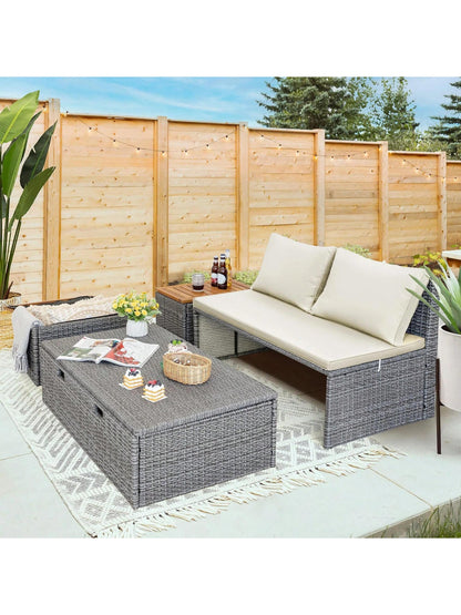 Outdoor Rattan Lounge Chair with 2 Side Tables, Multifunctional Outdoor Patio Daybed with Footrest, Cushions, Storage Ottoman,Chaise Lounge Chair for Backyard Porch Poolside