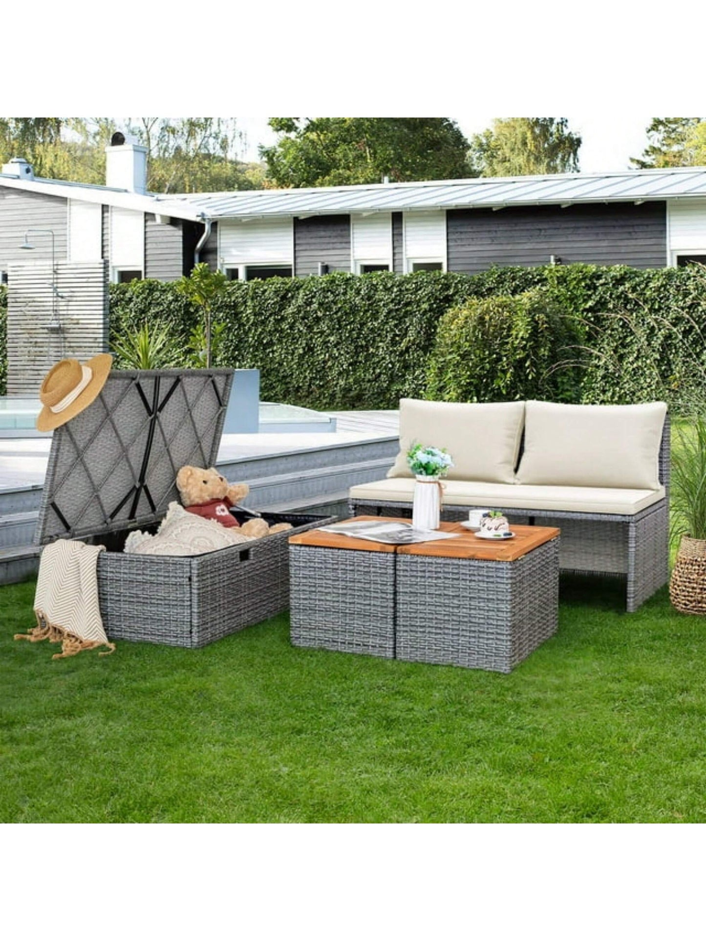 Outdoor Rattan Lounge Chair with 2 Side Tables, Multifunctional Outdoor Patio Daybed with Footrest, Cushions, Storage Ottoman,Chaise Lounge Chair for Backyard Porch Poolside