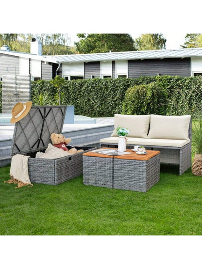 Outdoor Rattan Lounge Chair with 2 Side Tables, Multifunctional Outdoor Patio Daybed with Footrest, Cushions, Storage Ottoman,Chaise Lounge Chair for Backyard Porch Poolside