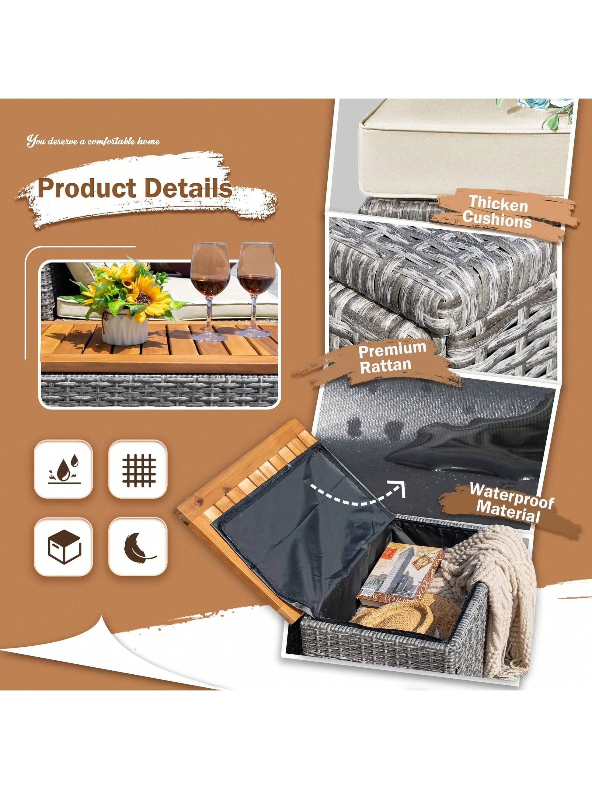 Outdoor Rattan Lounge Chair with 2 Side Tables, Multifunctional Outdoor Patio Daybed with Footrest, Cushions, Storage Ottoman,Chaise Lounge Chair for Backyard Porch Poolside