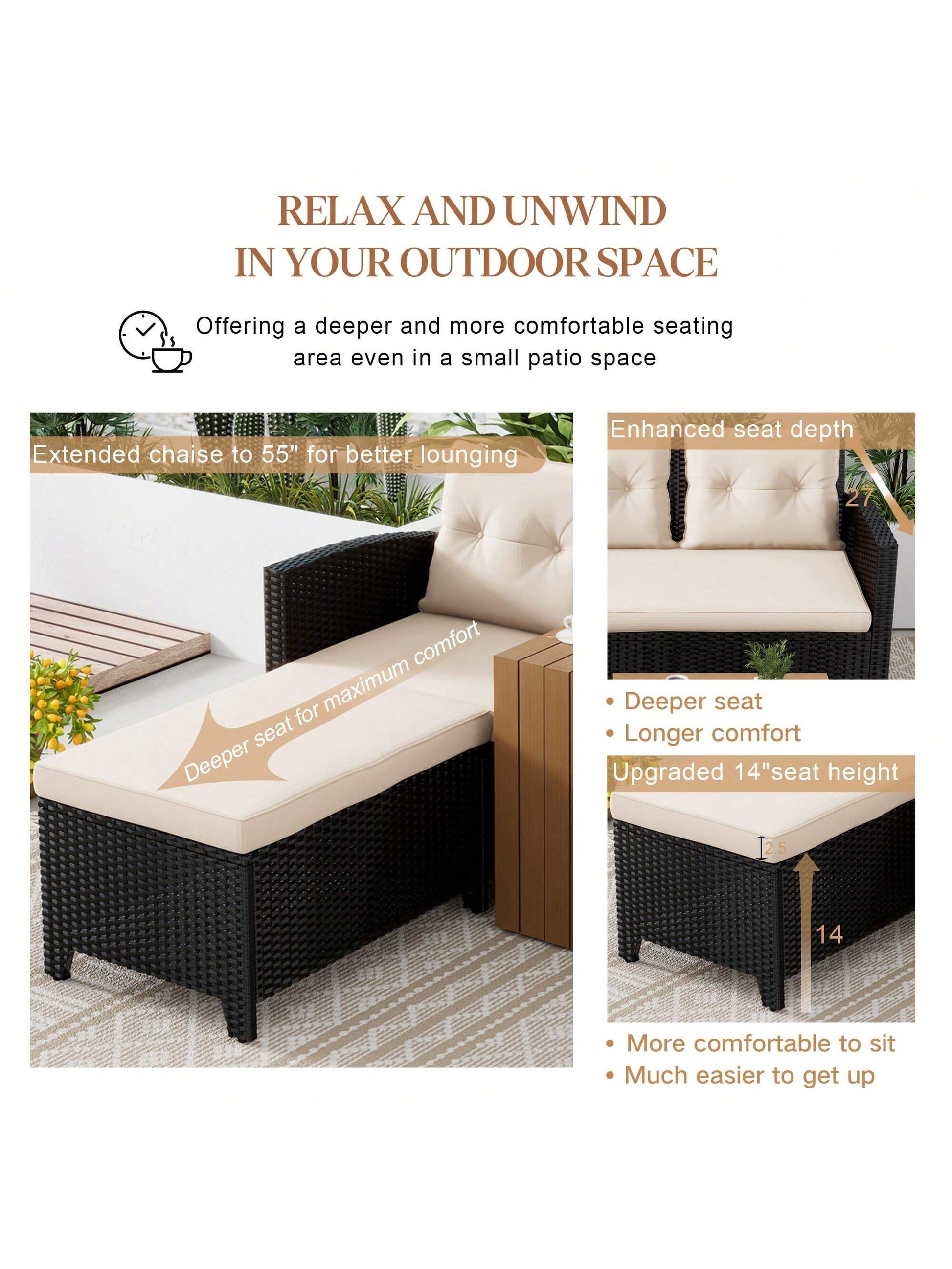 Patio Furniture Sectional Sofa Set – 3 Piece All Weather Black Resin Wicker Outdoor Conversation Set Beige Washable Cushions & Coffee Table | Garden | Backyard | Pool