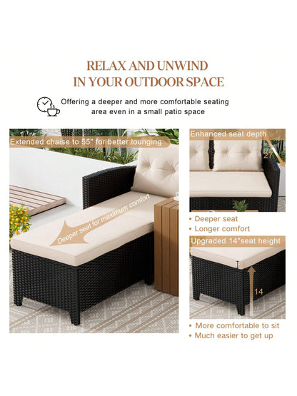 Patio Furniture Sectional Sofa Set – 3 Piece All Weather Black Resin Wicker Outdoor Conversation Set Beige Washable Cushions & Coffee Table | Garden | Backyard | Pool