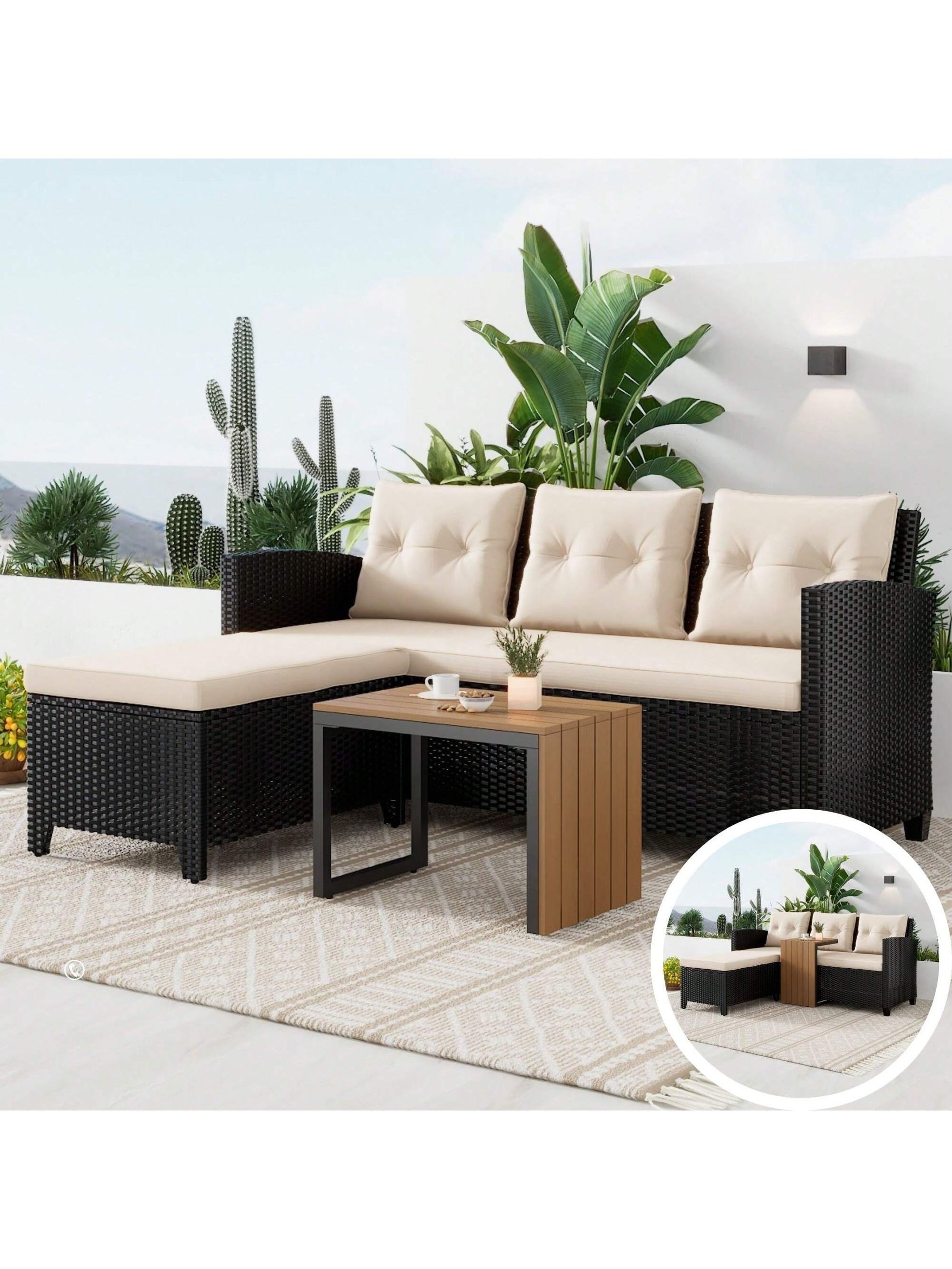 Patio Furniture Sectional Sofa Set – 3 Piece All Weather Black Resin Wicker Outdoor Conversation Set Beige Washable Cushions & Coffee Table | Garden | Backyard | Pool