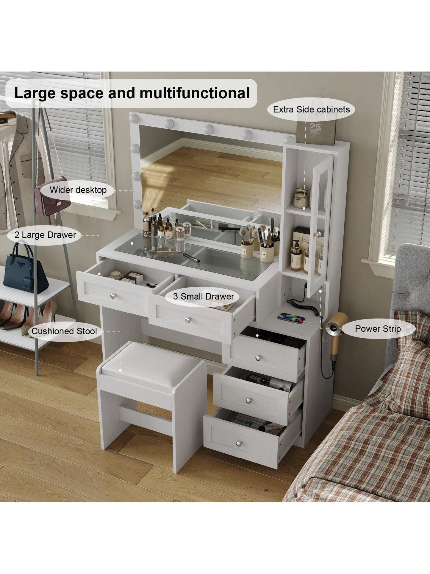 Collaredeagle White 43" W Vanity Desk with Mirror & 11 USB Power Lights, 5 Drawer Modern Makeup Desk with Glass Top & Cushioned Stool, 3 Lighting Modes Brightness Adjustable,Power Outlet,Bedroom