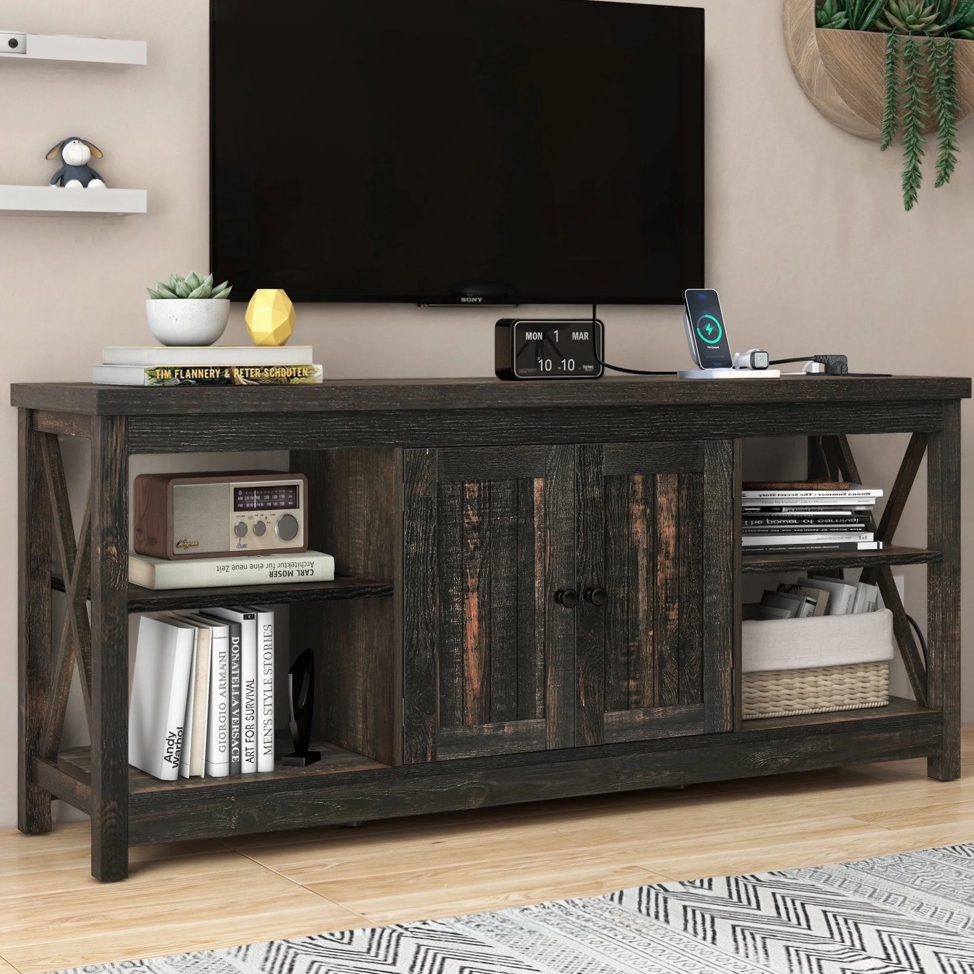 Farmhouse TV Stand up to 65 Inches W/Power Outlets, Entertainment Center Cabinet with Storage for Living Room, Rustic Oak