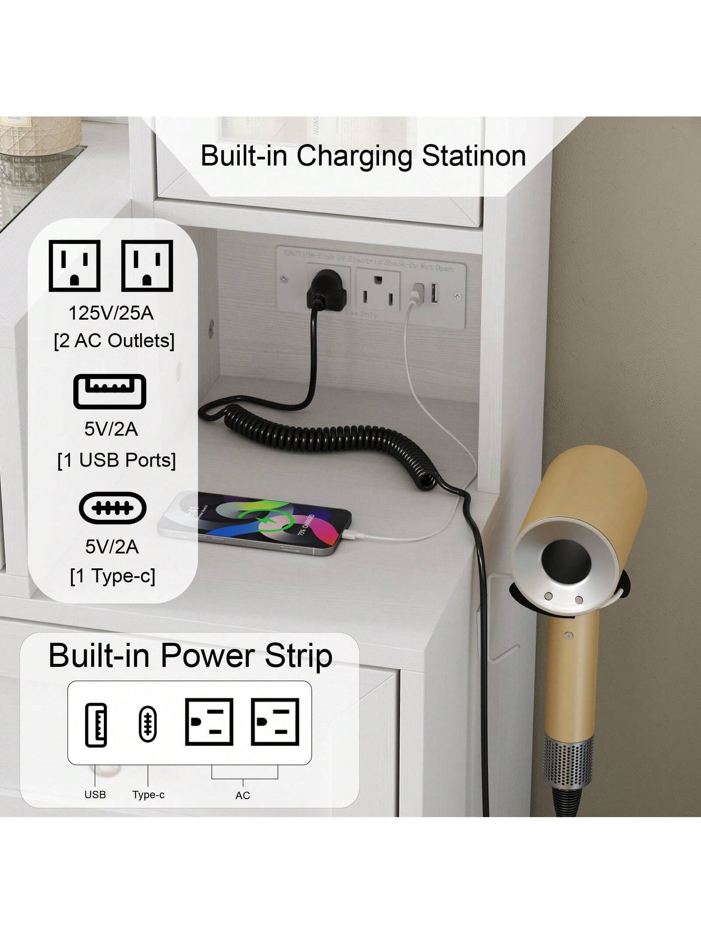 Collaredeagle White 43" W Vanity Desk with Mirror & 11 USB Power Lights, 5 Drawer Modern Makeup Desk with Glass Top & Cushioned Stool, 3 Lighting Modes Brightness Adjustable,Power Outlet,Bedroom