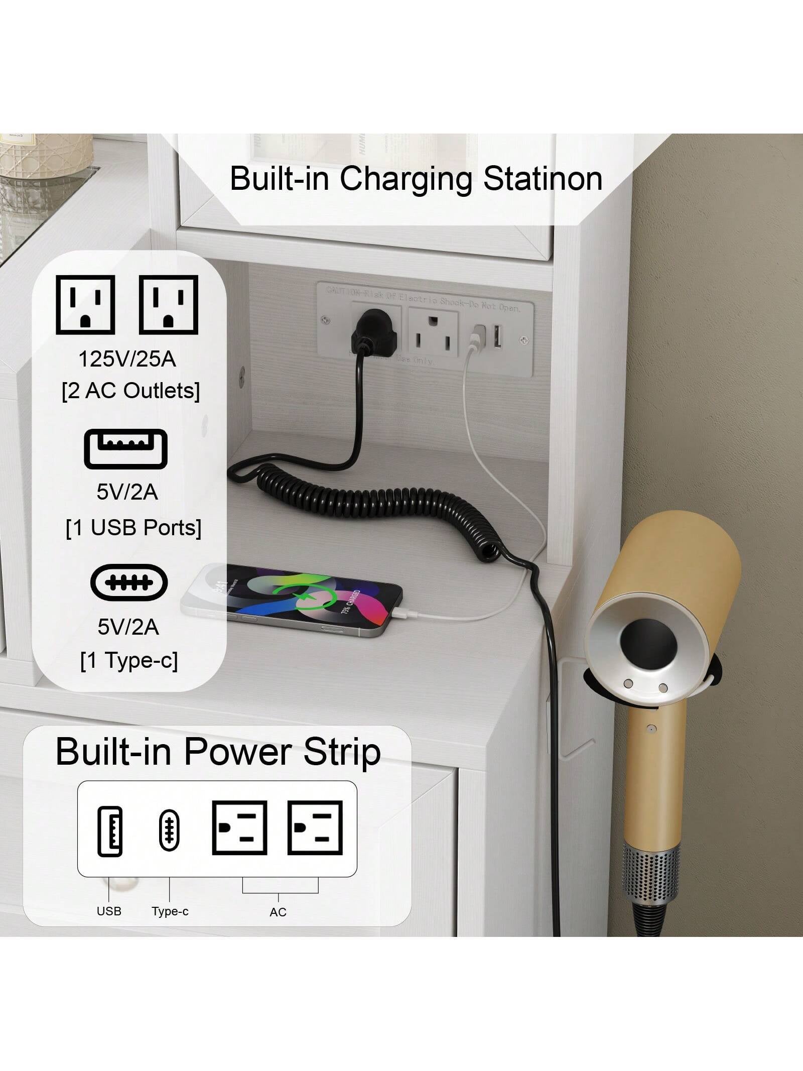 Collaredeagle White 43" W Vanity Desk with Mirror & 11 USB Power Lights, 5 Drawer Modern Makeup Desk with Glass Top & Cushioned Stool, 3 Lighting Modes Brightness Adjustable,Power Outlet,Bedroom
