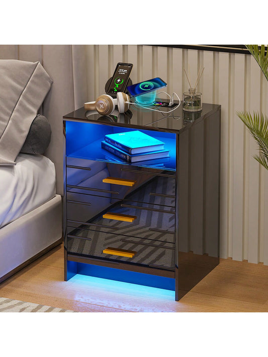 HNEBC LED Nightstand with Wireless Charging Station, High Gloss Night Stand with Usb/Type-C Port, Human Body Induction Smart Bedside Tables with 3 Drawers for Bedroom/Livingroom, 20 Color Lights Modes(Black,White)