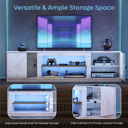 70" LED TV Stand for Tvs up to 80", Gaming Entertainment Center with Storage Cabinet and Adjustable Shelves, White Marble