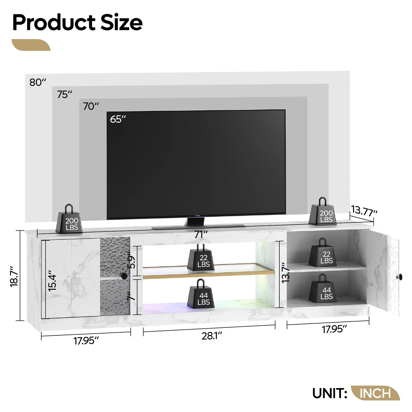 70" LED TV Stand for Tvs up to 80", Gaming Entertainment Center with Storage Cabinet and Adjustable Shelves, White Marble