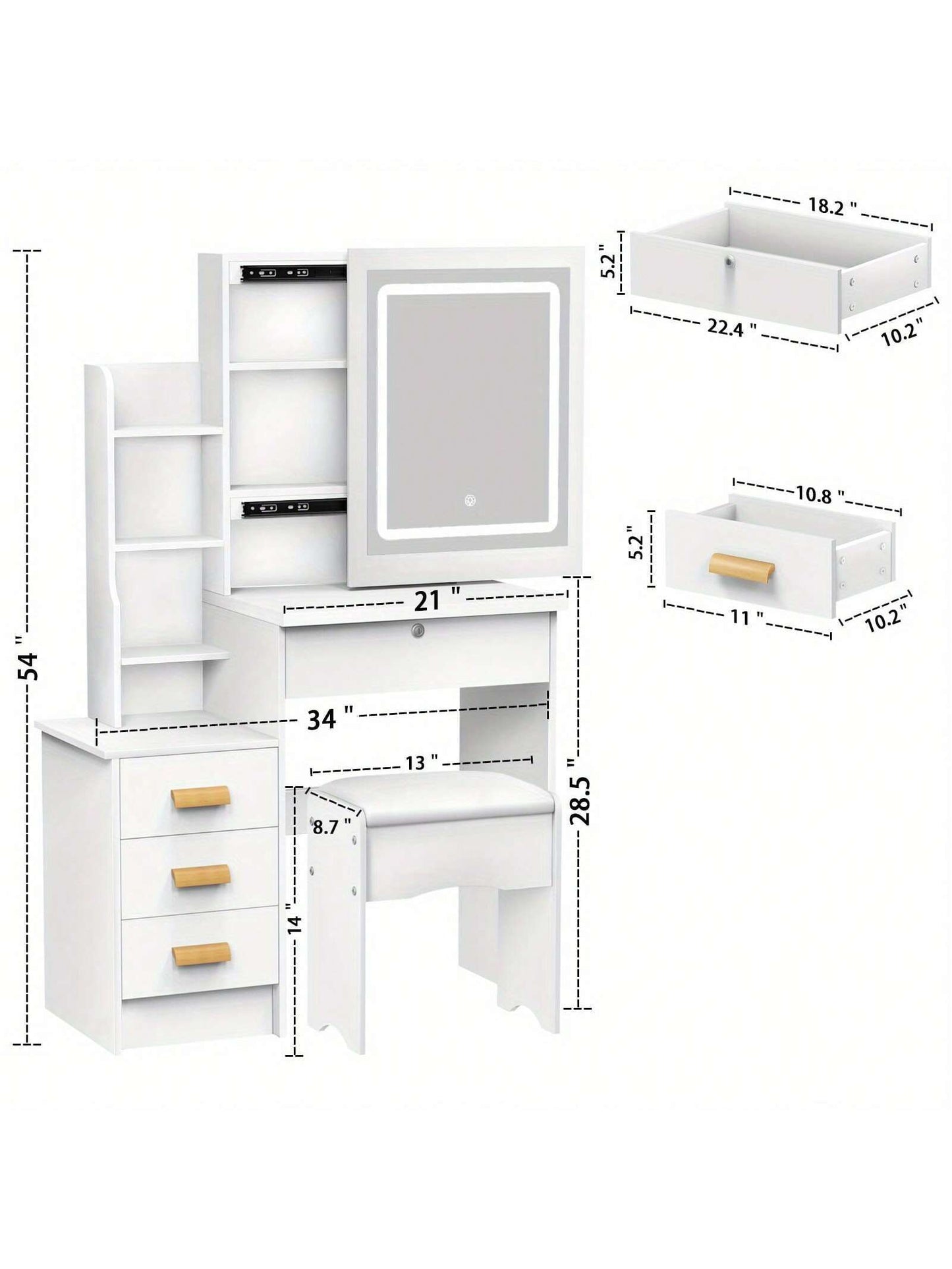 AYYUFE Vanity Desk with Mirror and LED Lights,Small Vanity with 4 Storage Drawers and Cushioned Stool,White Makeup Vanity Desk Set with Extra Large Sliding LED Mirror,3 Lighting Modes,Brightness Adjustable