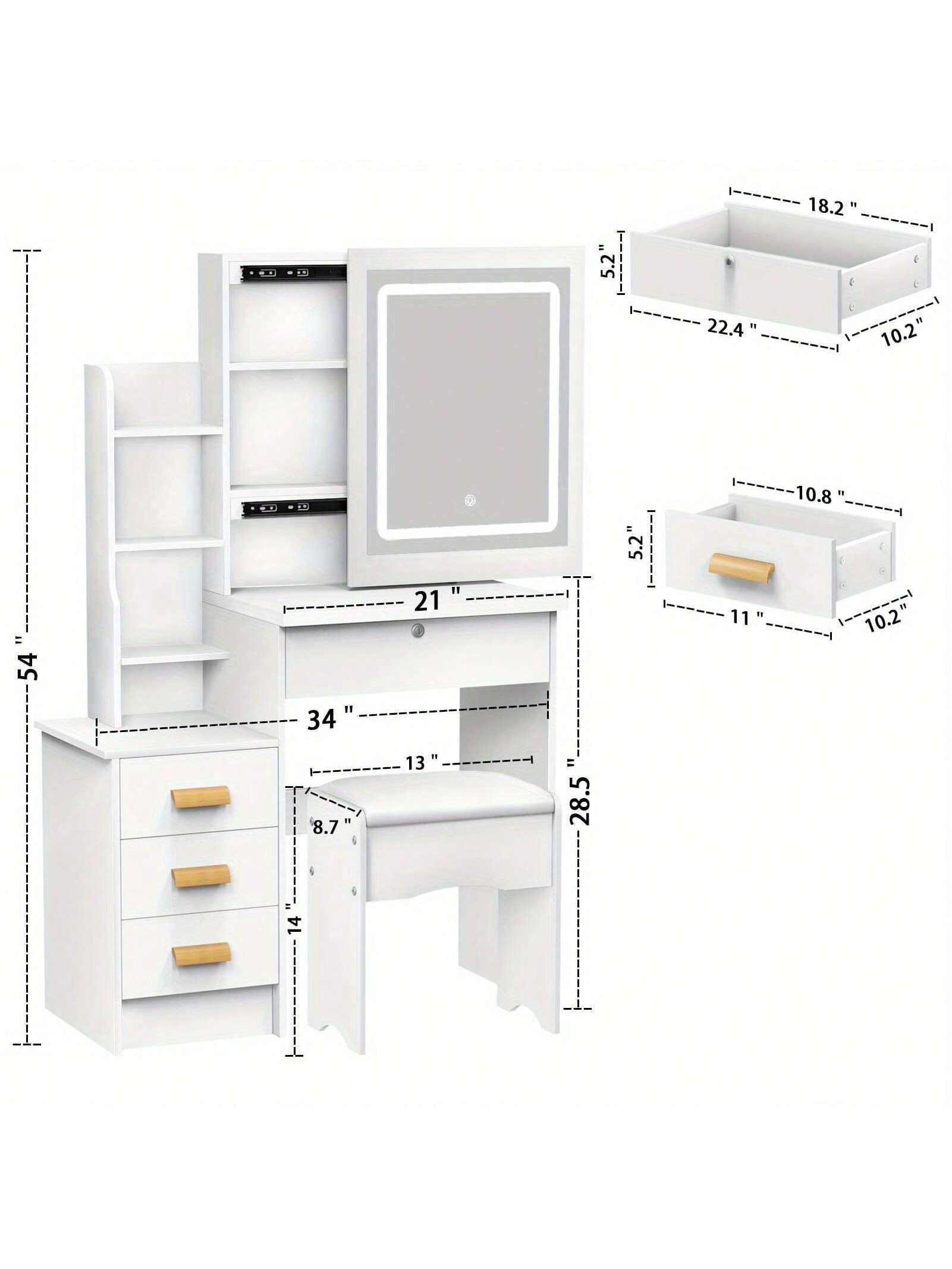 AYYUFE Vanity Desk with Mirror and LED Lights,Small Vanity with 4 Storage Drawers and Cushioned Stool,White Makeup Vanity Desk Set with Extra Large Sliding LED Mirror,3 Lighting Modes,Brightness Adjustable