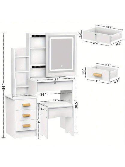 AYYUFE Vanity Desk with Mirror and LED Lights,Small Vanity with 4 Storage Drawers and Cushioned Stool,White Makeup Vanity Desk Set with Extra Large Sliding LED Mirror,3 Lighting Modes,Brightness Adjustable