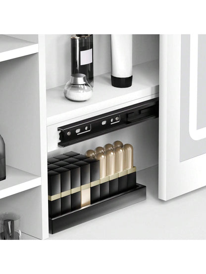 AYYUFE Vanity Desk with Mirror and LED Lights,Small Vanity with 4 Storage Drawers and Cushioned Stool,White Makeup Vanity Desk Set with Extra Large Sliding LED Mirror,3 Lighting Modes,Brightness Adjustable