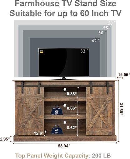 Farmhouse TV Stand Wood Sliding Barn Doors Entertainment Center, Modern TV Stand for 60 Inch TV, Television Stands with Adjustable Shelves Living Room TV Console, Rustic