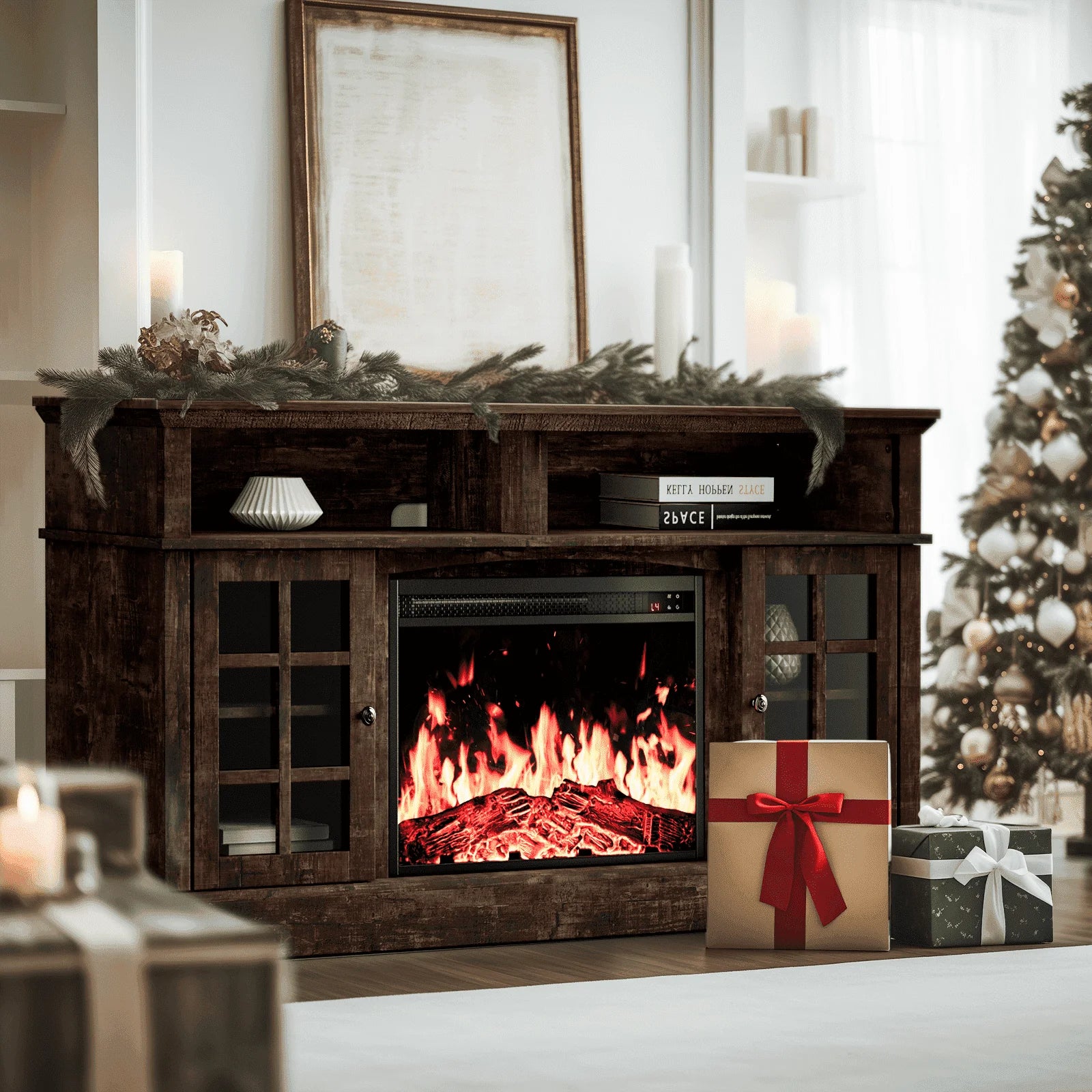 Electric Fireplace TV Stand for 75″ Tvs Fireplace Entertainment Center TV Console Table with 23″ Fireplace, Holds up to 200 Lbs