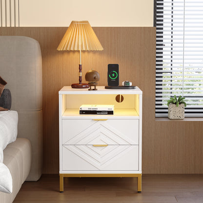 LED Nightstand with 2 Drawers, Charging Station, White Modern Night Table High Gloss End Side Table for Bedroom