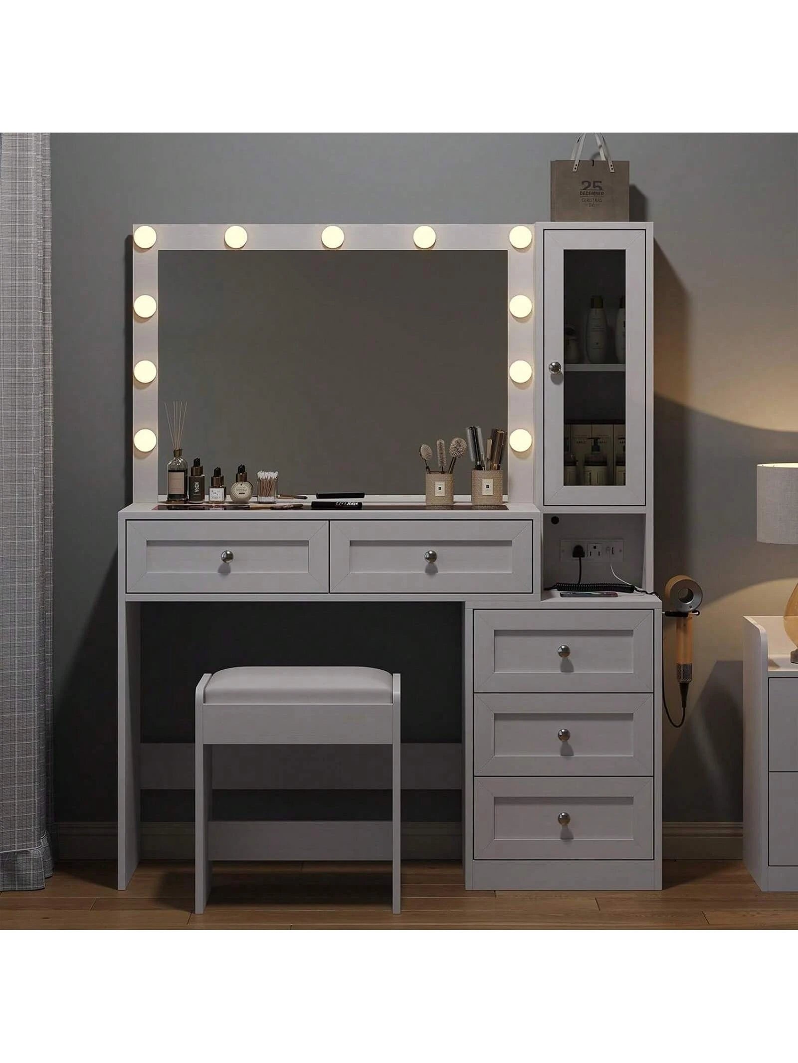 Collaredeagle White 43" W Vanity Desk with Mirror & 11 USB Power Lights, 5 Drawer Modern Makeup Desk with Glass Top & Cushioned Stool, 3 Lighting Modes Brightness Adjustable,Power Outlet,Bedroom