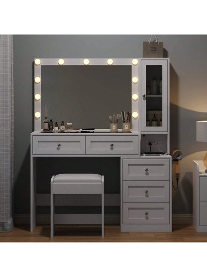 Collaredeagle White 43" W Vanity Desk with Mirror & 11 USB Power Lights, 5 Drawer Modern Makeup Desk with Glass Top & Cushioned Stool, 3 Lighting Modes Brightness Adjustable,Power Outlet,Bedroom