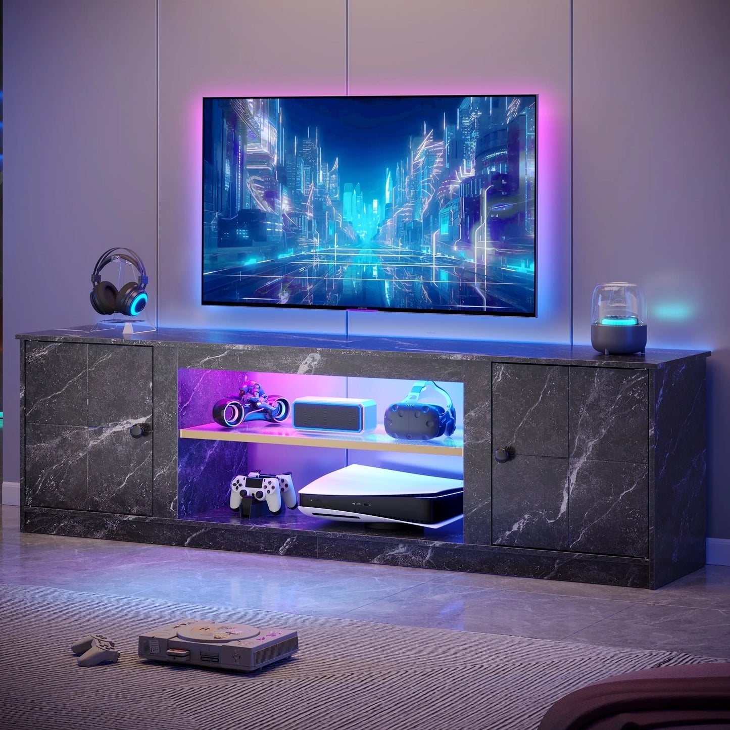 70" LED TV Stand for Tvs up to 80", Gaming Entertainment Center with Storage Cabinet and Adjustable Shelves, White Marble