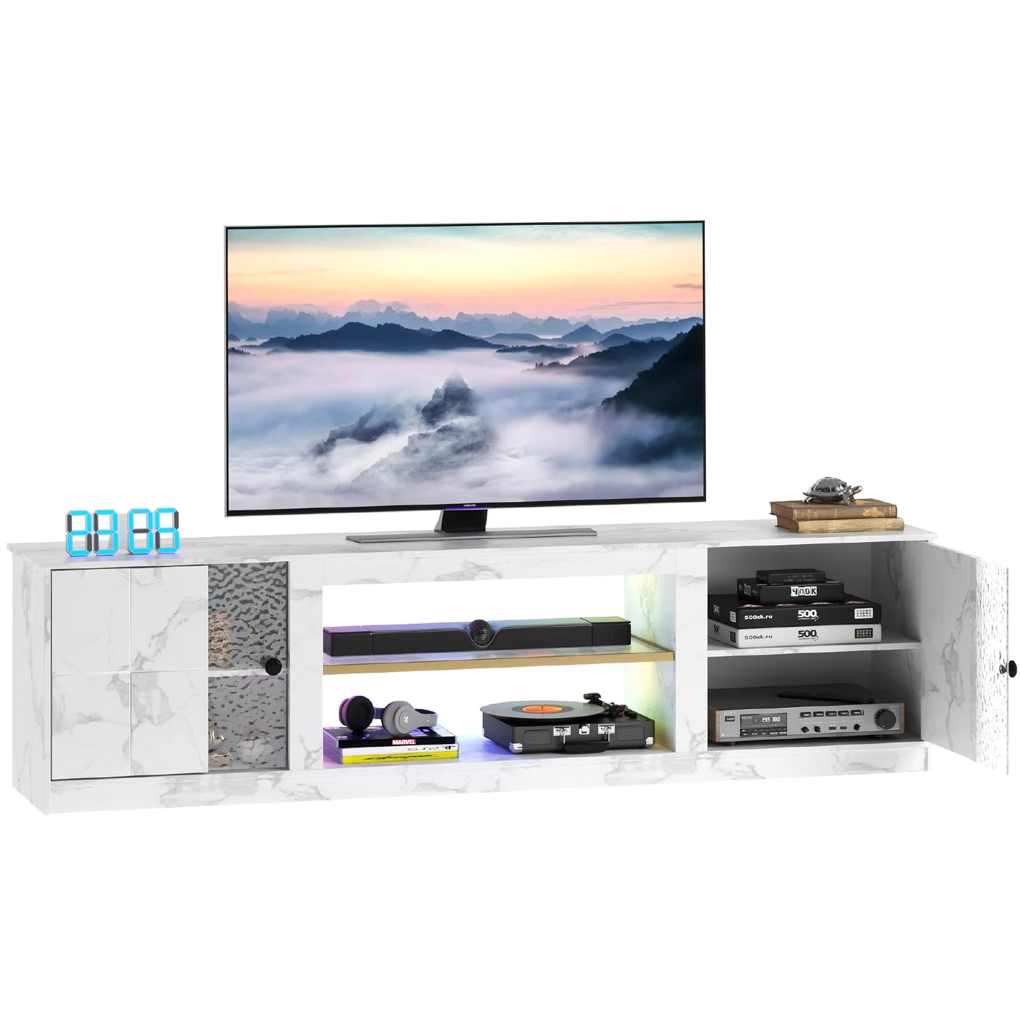 70" LED TV Stand for Tvs up to 80", Gaming Entertainment Center with Storage Cabinet and Adjustable Shelves, White Marble