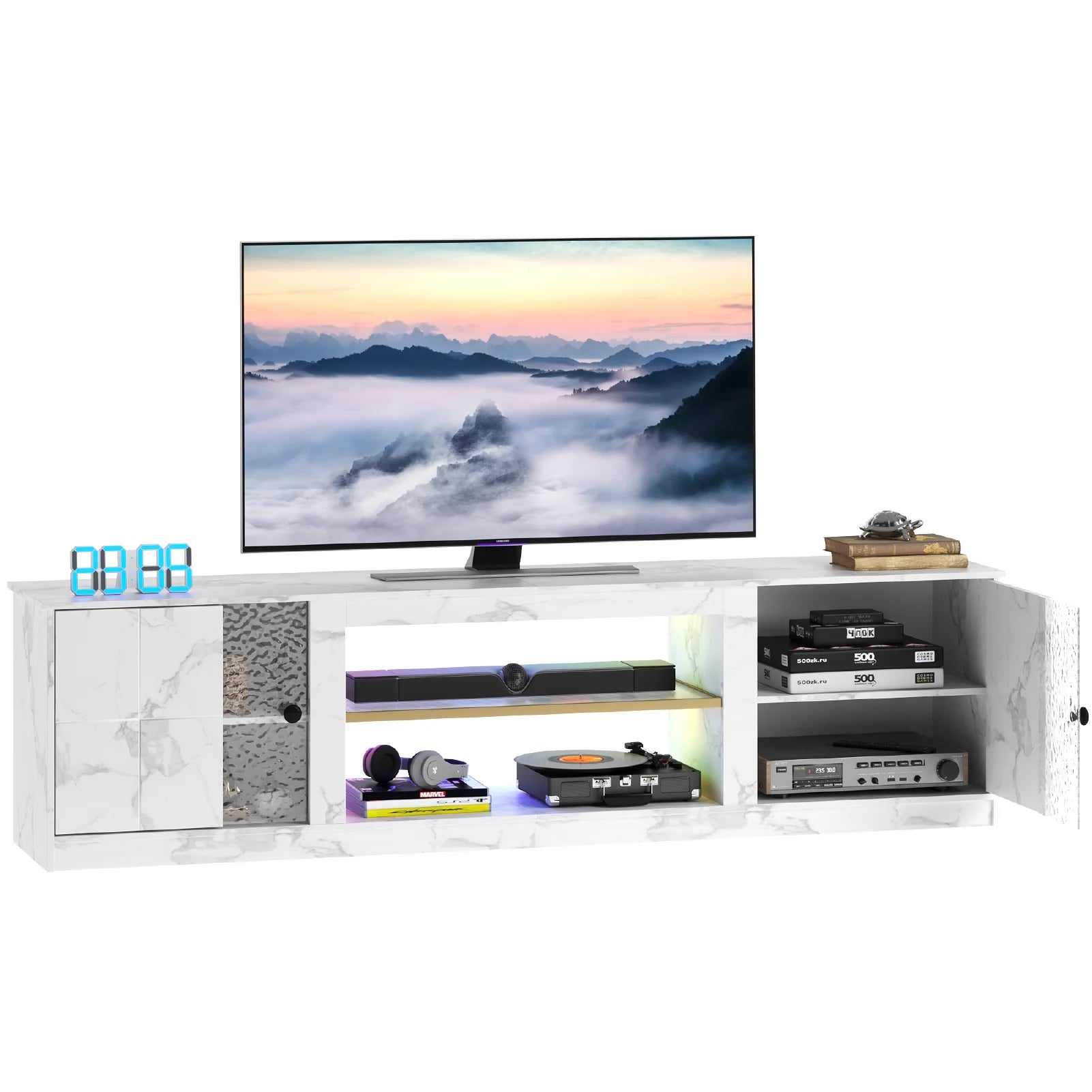 70" LED TV Stand for Tvs up to 80", Gaming Entertainment Center with Storage Cabinet and Adjustable Shelves, White Marble