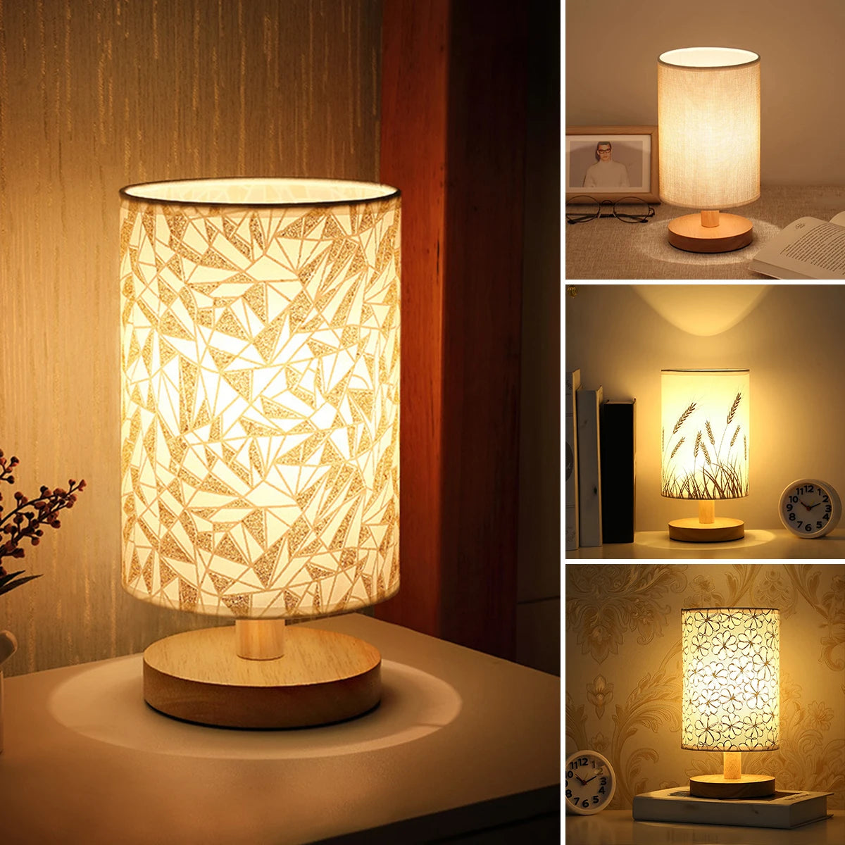 New Linen Table Lamp Touch Control LED Linen Night Lamp W/Warm White Light Linen Nightstand Lamp USB Powered Wooden beside Lamp