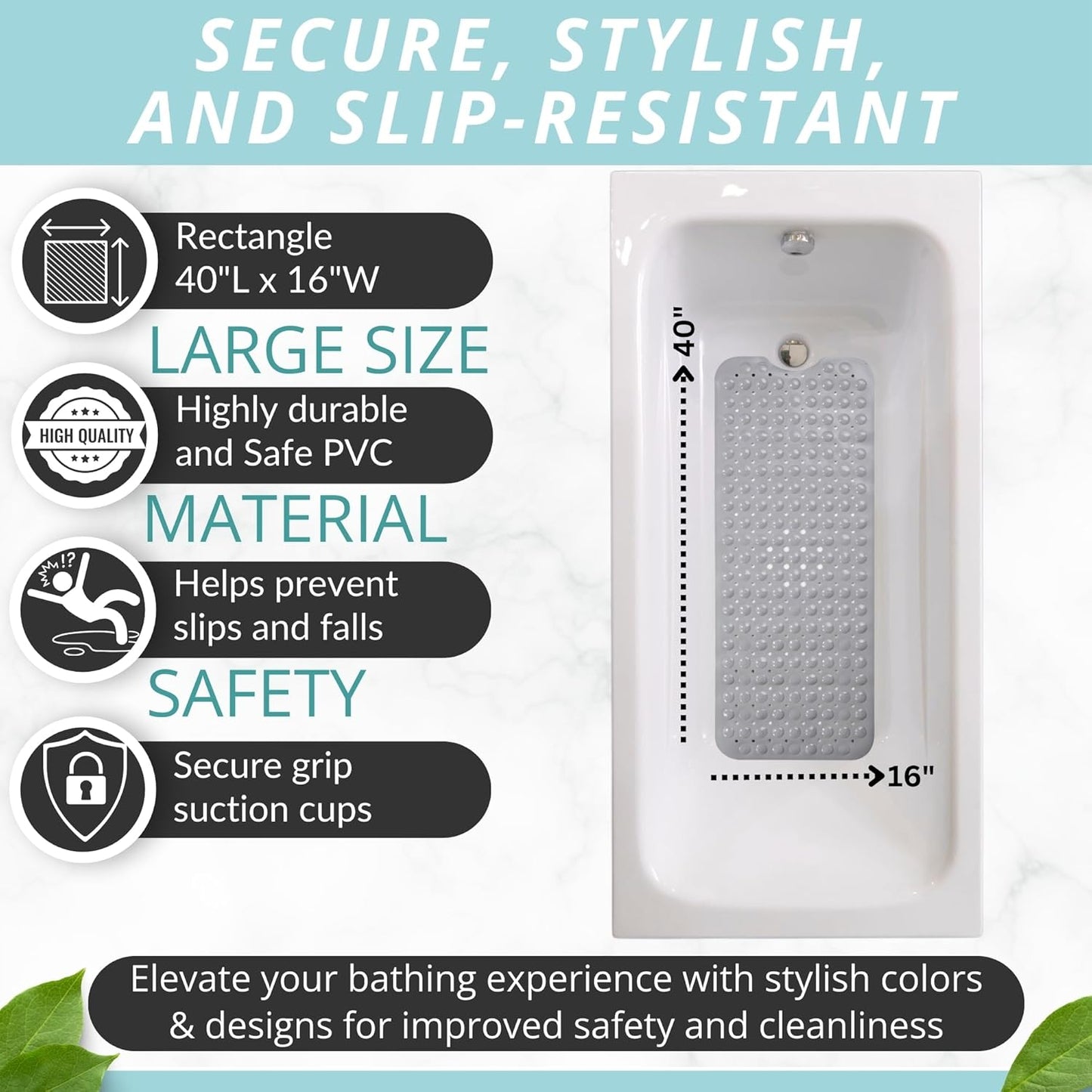 Bath Mat - Large Non Slip Bathtub & Shower Mat - Extra Long 40 X 16 Inch Bathroom Mats for Tub Nonslip anti Slip Bathmats (40X16 Grey)