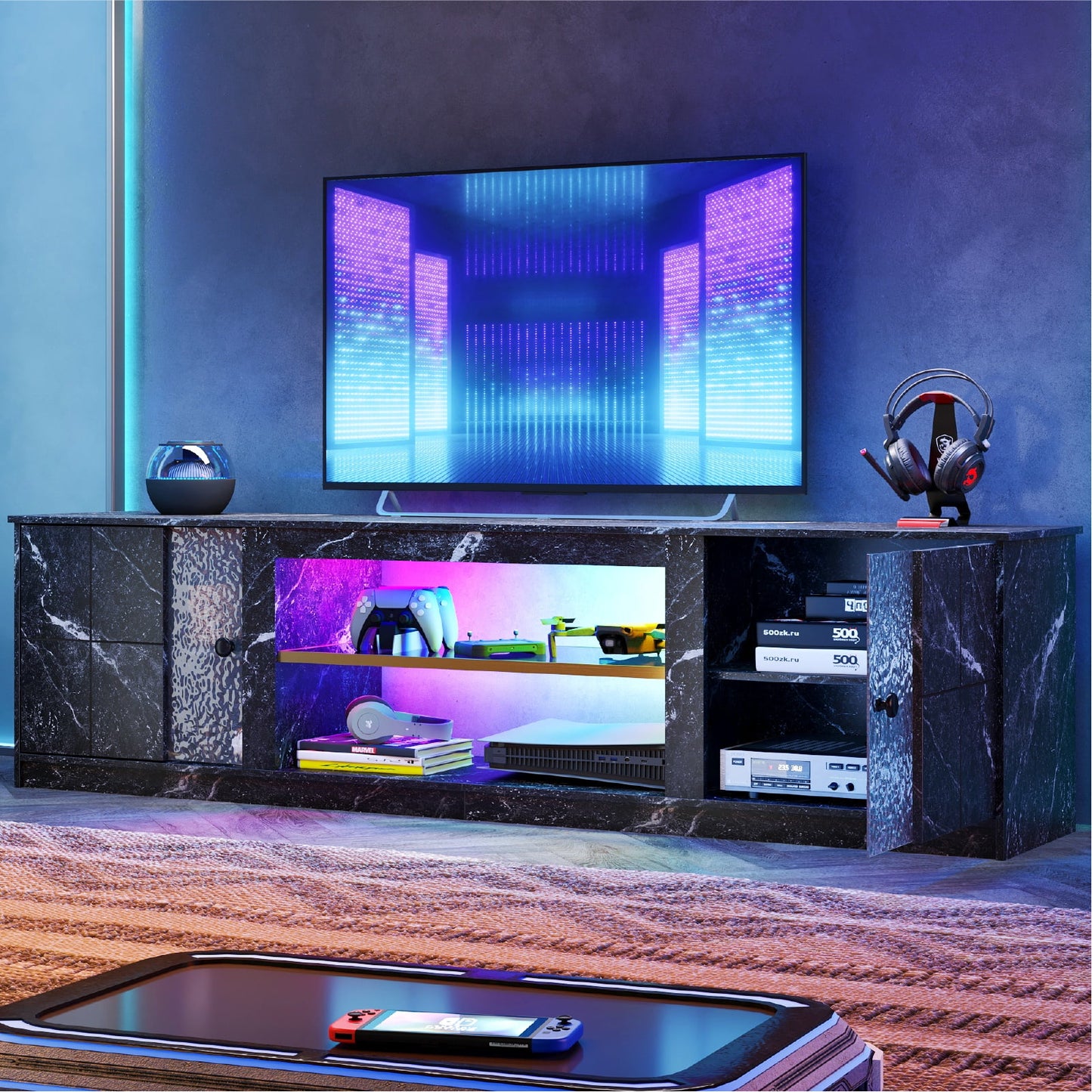 70" LED TV Stand for Tvs up to 80", Gaming Entertainment Center with Storage Cabinet and Adjustable Shelves, White Marble