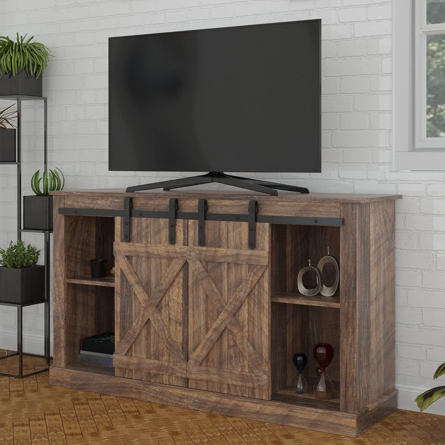 Farmhouse TV Stand Wood Sliding Barn Doors Entertainment Center, Modern TV Stand for 60 Inch TV, Television Stands with Adjustable Shelves Living Room TV Console, Rustic