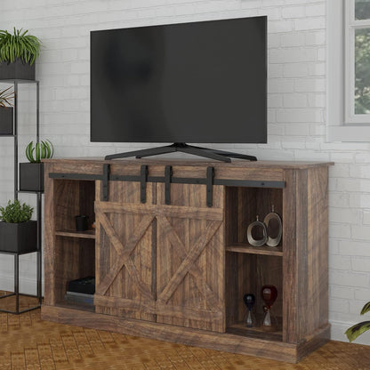 Farmhouse TV Stand Wood Sliding Barn Doors Entertainment Center, Modern TV Stand for 60 Inch TV, Television Stands with Adjustable Shelves Living Room TV Console, Rustic