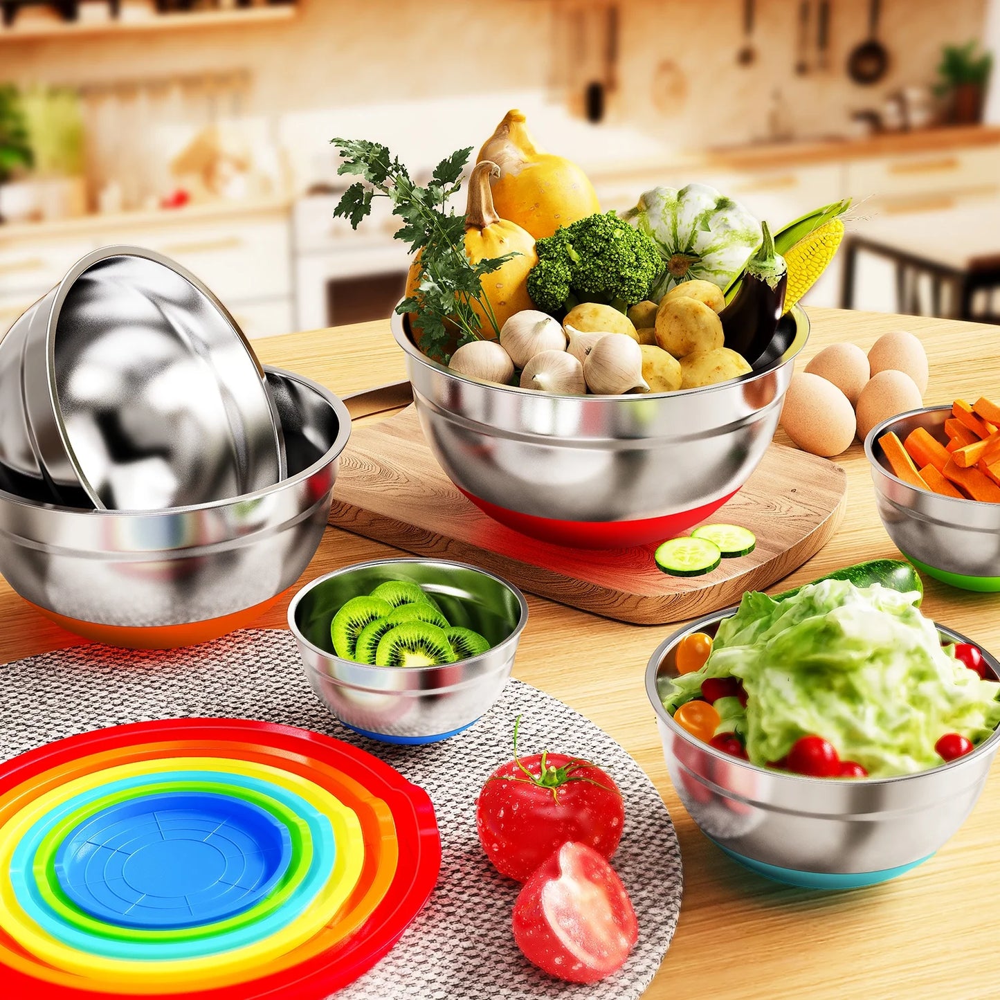 Mixing Bowls with Lids: Stainless Steel Mixing Bowls Set - 6 Piece Metal Nesting Mixing Bowls with Rubber Bottom-Multicolor