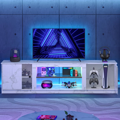 70" LED TV Stand for Tvs up to 80", Gaming Entertainment Center with Storage Cabinet and Adjustable Shelves, White Marble