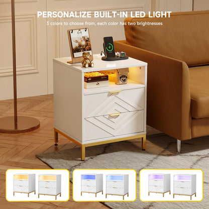 LED Nightstand with 2 Drawers, Charging Station, White Modern Night Table High Gloss End Side Table for Bedroom