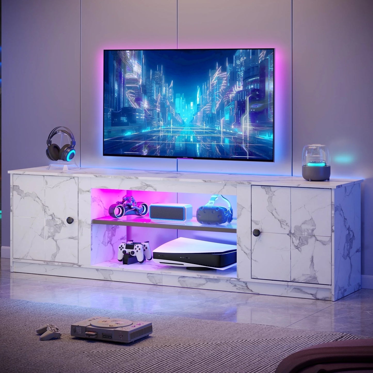 70" LED TV Stand for Tvs up to 80", Gaming Entertainment Center with Storage Cabinet and Adjustable Shelves, White Marble