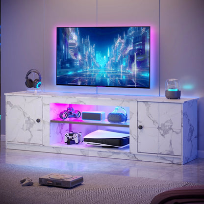 70" LED TV Stand for Tvs up to 80", Gaming Entertainment Center with Storage Cabinet and Adjustable Shelves, White Marble