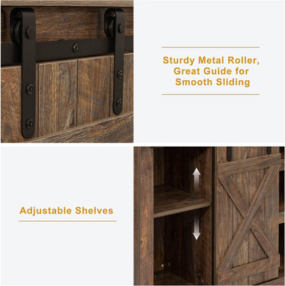 Farmhouse TV Stand Wood Sliding Barn Doors Entertainment Center, Modern TV Stand for 60 Inch TV, Television Stands with Adjustable Shelves Living Room TV Console, Rustic