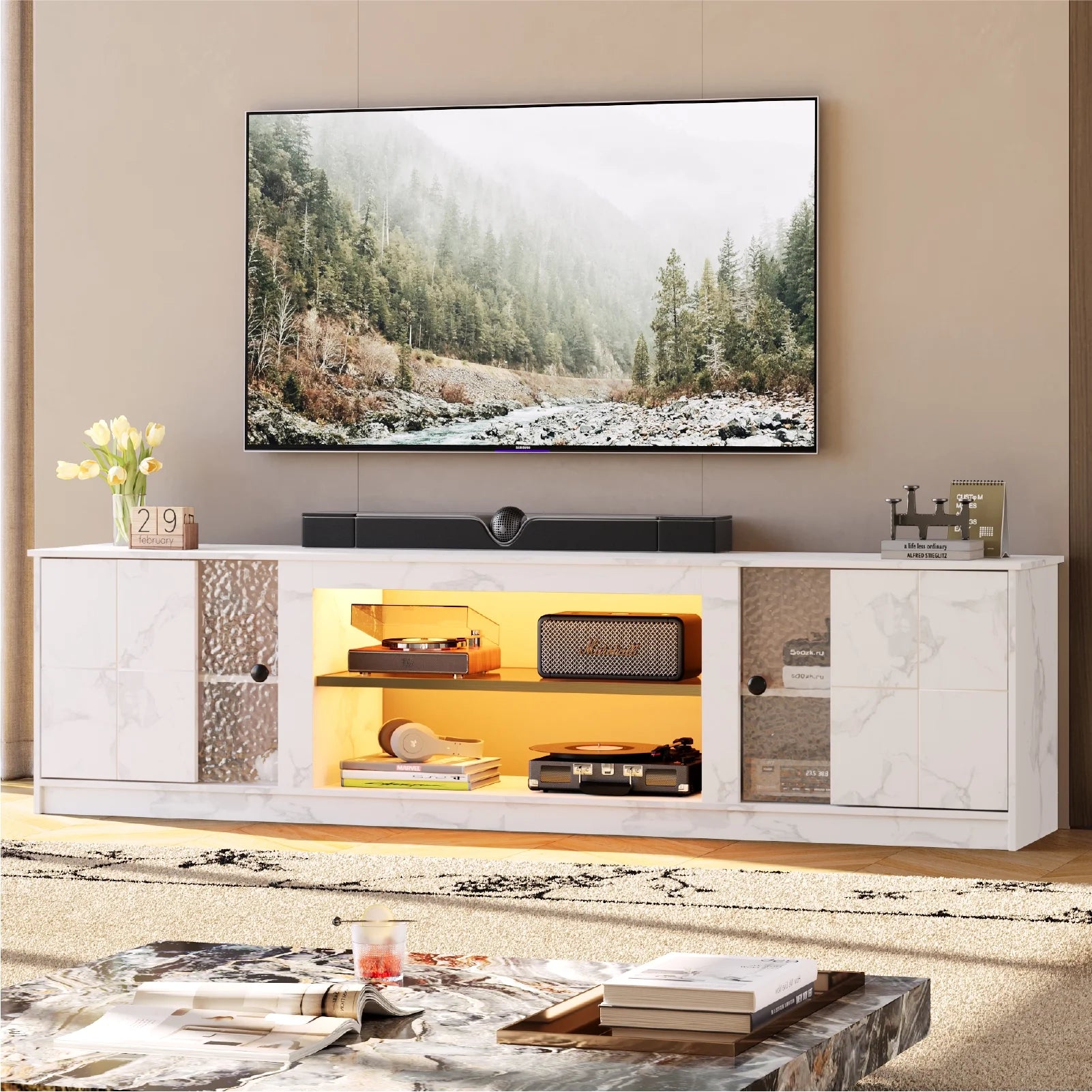70" LED TV Stand for Tvs up to 80", Gaming Entertainment Center with Storage Cabinet and Adjustable Shelves, White Marble