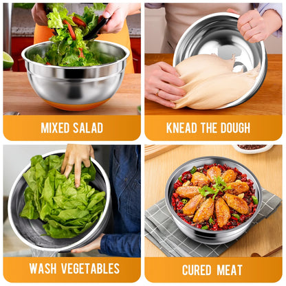 Mixing Bowls with Lids: Stainless Steel Mixing Bowls Set - 6 Piece Metal Nesting Mixing Bowls with Rubber Bottom-Multicolor