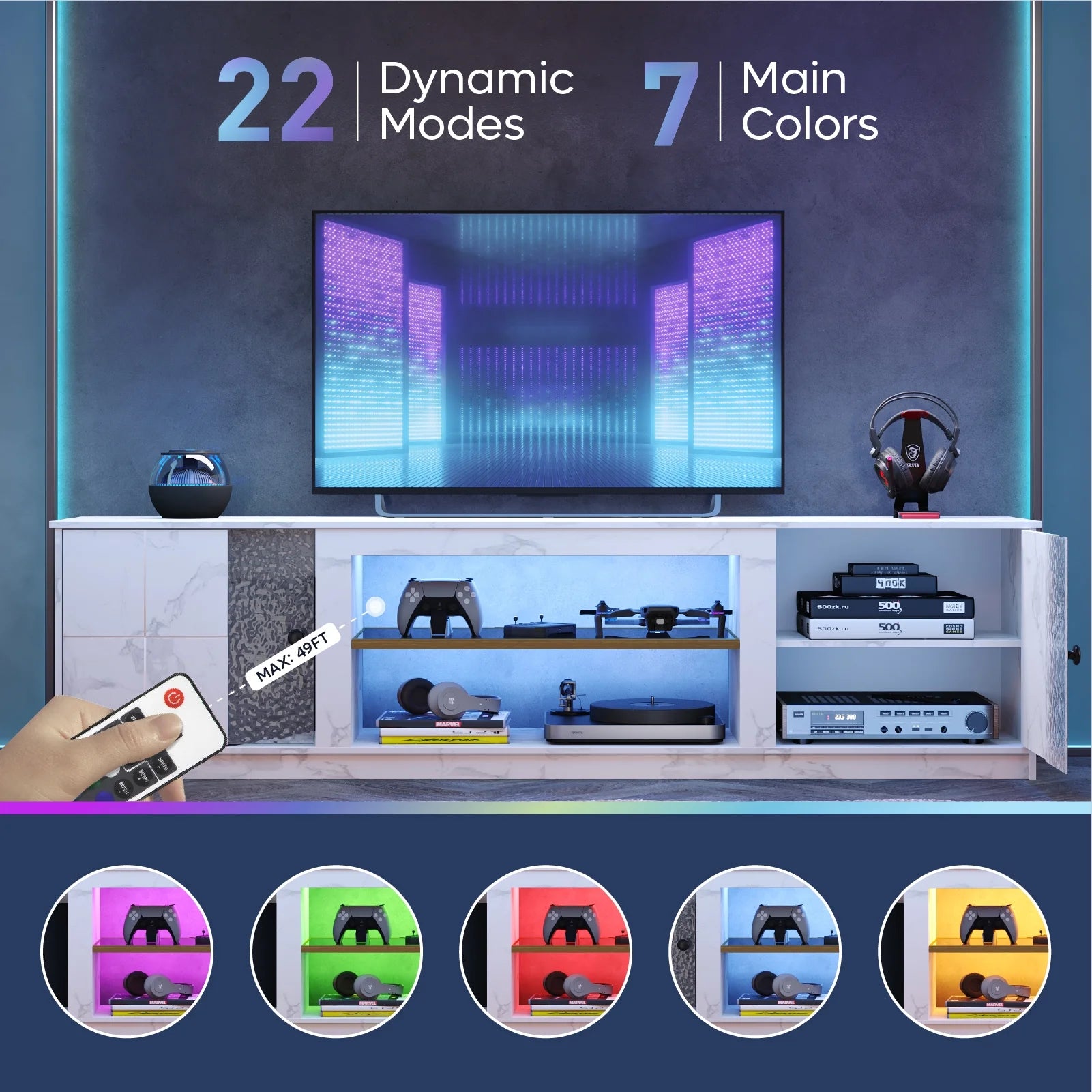 70" LED TV Stand for Tvs up to 80", Gaming Entertainment Center with Storage Cabinet and Adjustable Shelves, White Marble