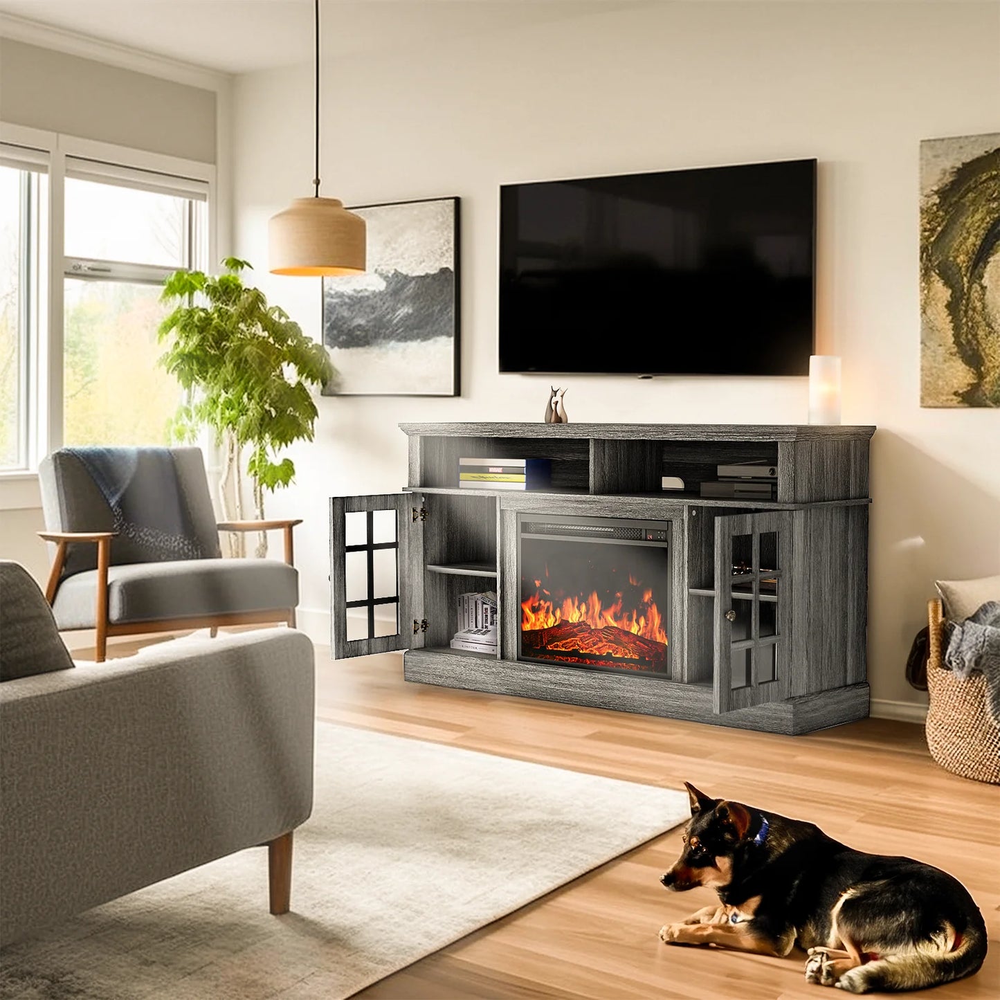 Electric Fireplace TV Stand for 75″ Tvs Fireplace Entertainment Center TV Console Table with 23″ Fireplace, Holds up to 200 Lbs