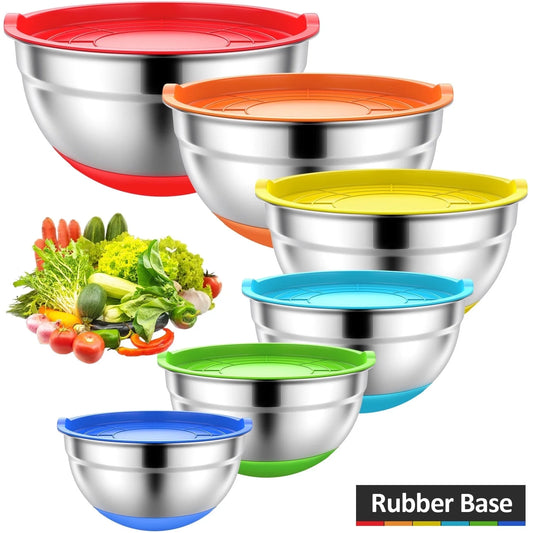 Mixing Bowls with Lids: Stainless Steel Mixing Bowls Set - 6 Piece Metal Nesting Mixing Bowls with Rubber Bottom-Multicolor