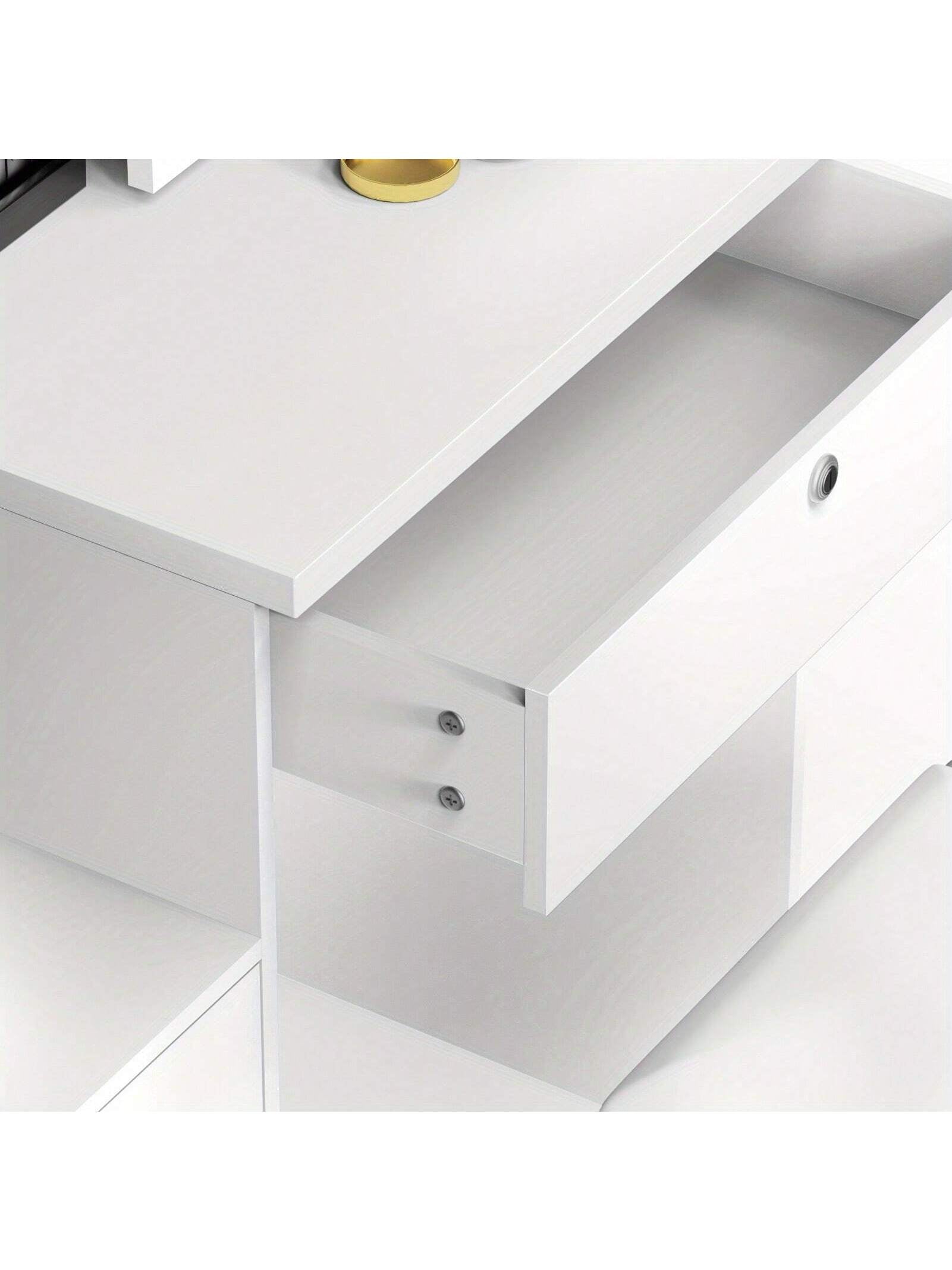 AYYUFE Vanity Desk with Mirror and LED Lights,Small Vanity with 4 Storage Drawers and Cushioned Stool,White Makeup Vanity Desk Set with Extra Large Sliding LED Mirror,3 Lighting Modes,Brightness Adjustable