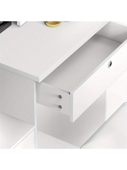 AYYUFE Vanity Desk with Mirror and LED Lights,Small Vanity with 4 Storage Drawers and Cushioned Stool,White Makeup Vanity Desk Set with Extra Large Sliding LED Mirror,3 Lighting Modes,Brightness Adjustable