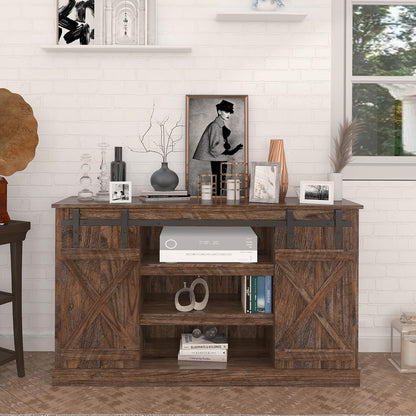 Farmhouse TV Stand Wood Sliding Barn Doors Entertainment Center, Modern TV Stand for 60 Inch TV, Television Stands with Adjustable Shelves Living Room TV Console, Rustic