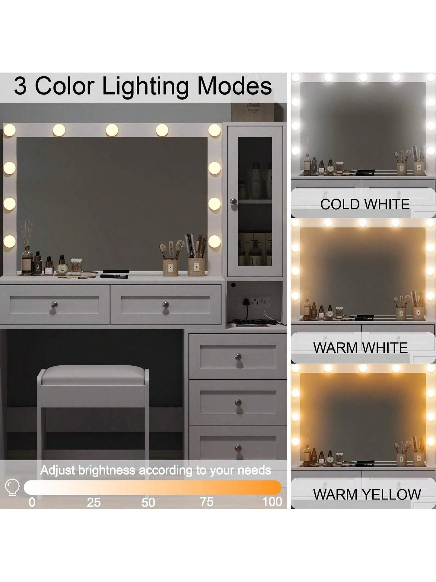 Collaredeagle White 43" W Vanity Desk with Mirror & 11 USB Power Lights, 5 Drawer Modern Makeup Desk with Glass Top & Cushioned Stool, 3 Lighting Modes Brightness Adjustable,Power Outlet,Bedroom
